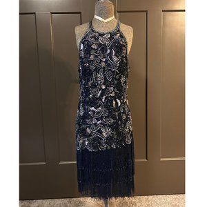 Sherri Hill Navy Blue Multicolor Beaded Asymmetrical Dress